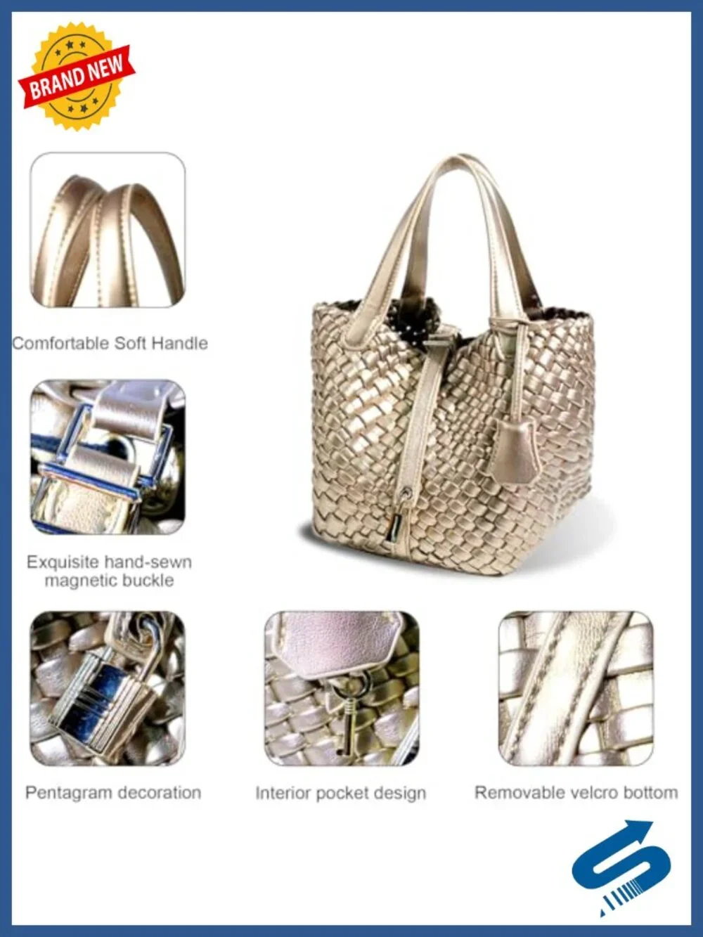 Woven Bucket Purse for Women, Vegan Leather Tote Handbag, Top Handle Shoulder